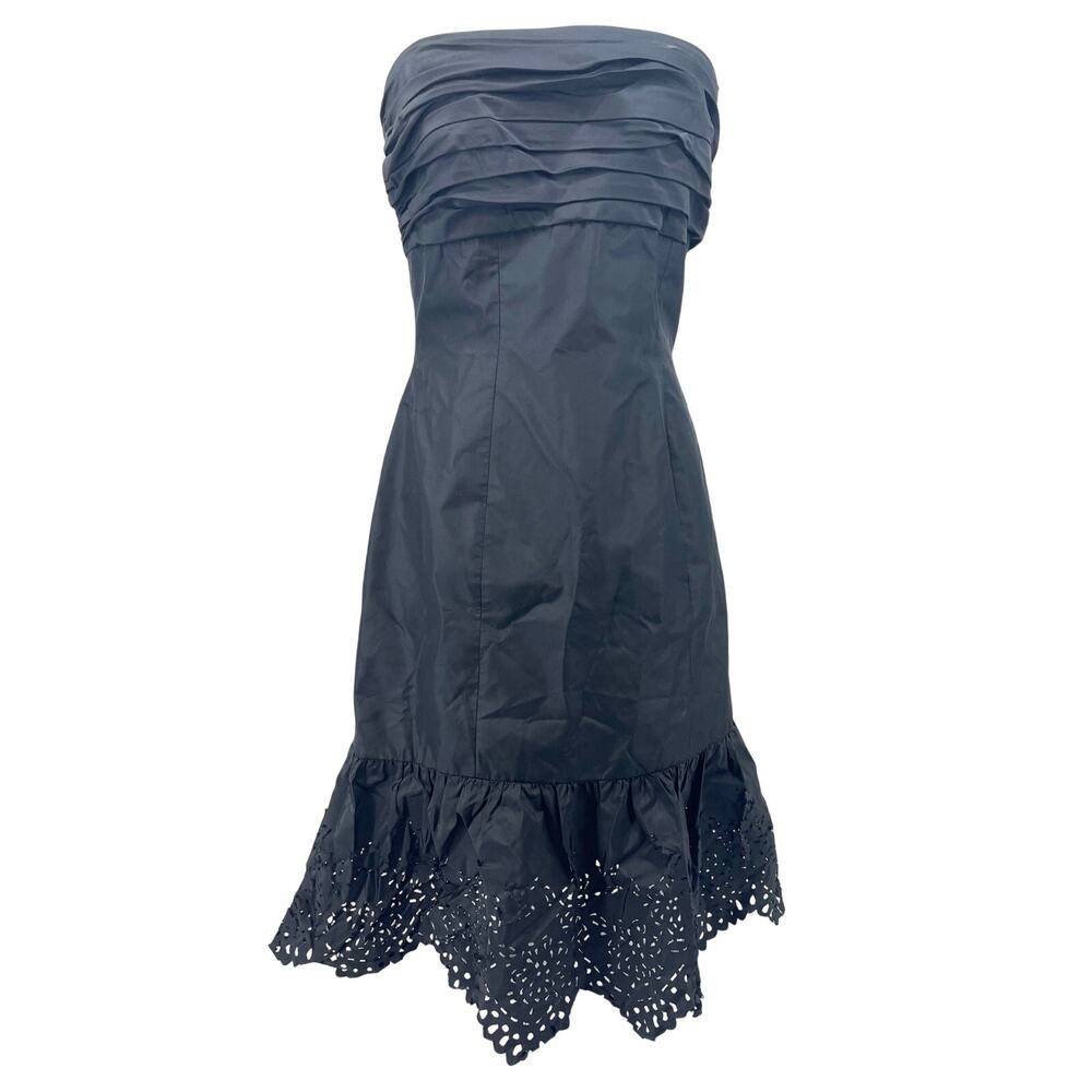 Tadashi Shoji Women's 6 Black 100% Silk Short Lace Trim‎ Ruched Prom Party Dress